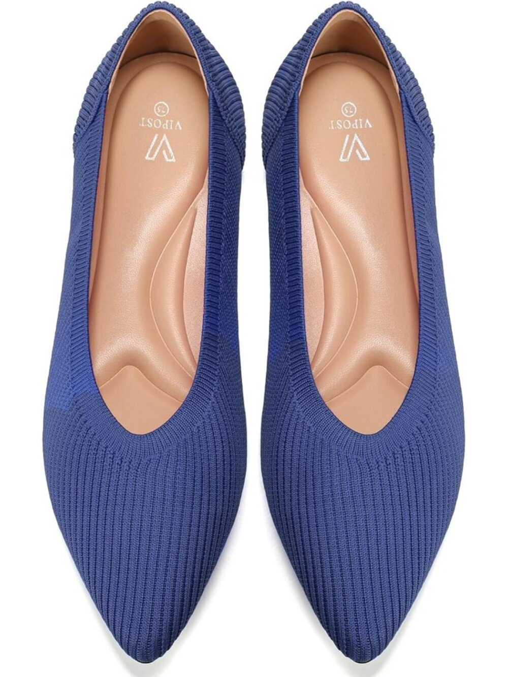Women's Navy Blue Pointed Toe Comfort Foldable Slip On Knit Ballet Flat Shoes